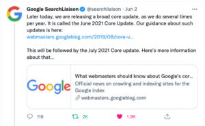 Google anuncia por medio de Twitter la actualización de su algoritmo el 2 de junio 2021